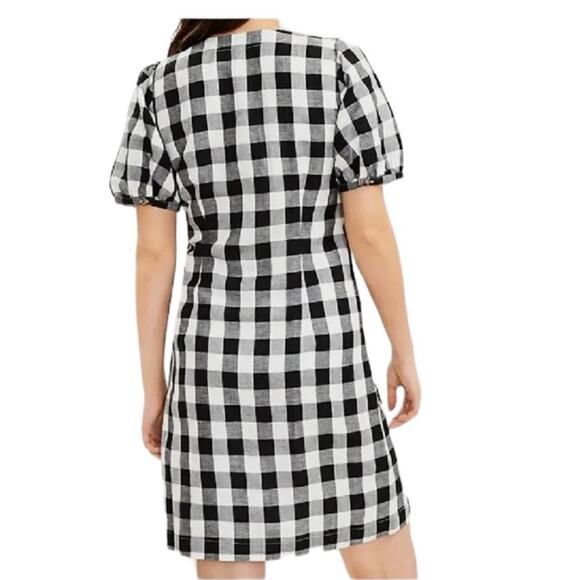 NWT Loft gingham check linen blend puff sleeve button down dress Sz 6 petite - Picture 2 of 8
